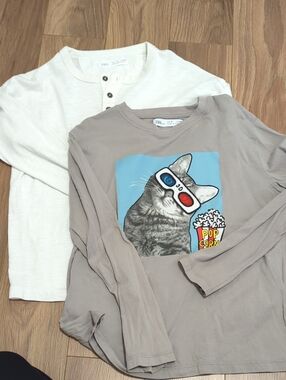 Zara Taupe Cat Graphic Long Sleeve Tee with Cream Henley